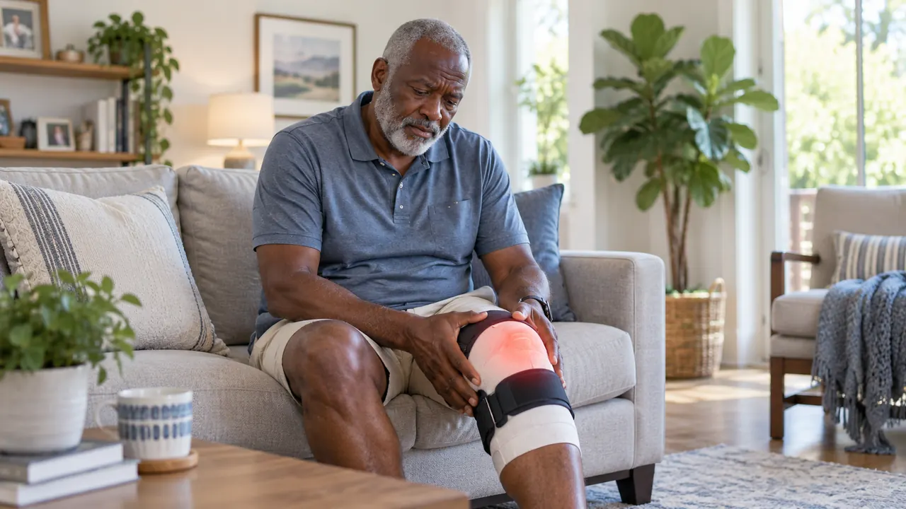 Older man seated on a sofa with a brace on his knee and both hands on the knee