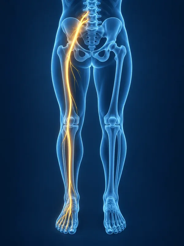 Illustration of the lower spine, pelvis and legs seen from the front, with the sciatic nerve glowing from the lower back down the leg to the foot