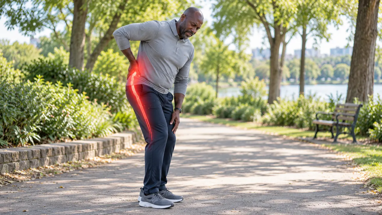 Man bent over on a park path holding his lower back, with pain highlighted down his leg