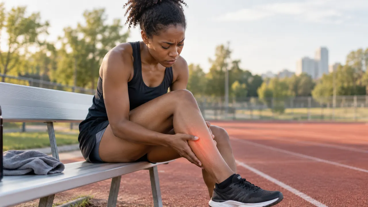 Runner sitting on a track bench holding her shin