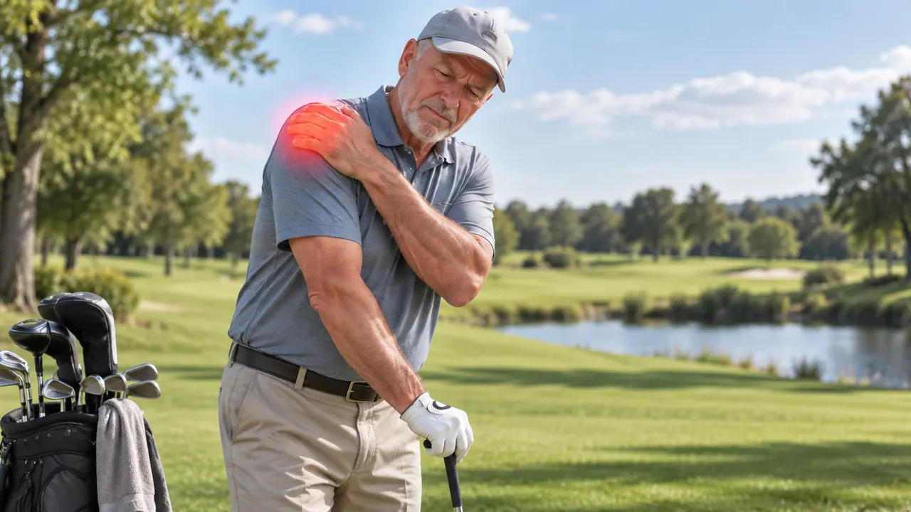 Older man on a golf course holding his sore shoulder