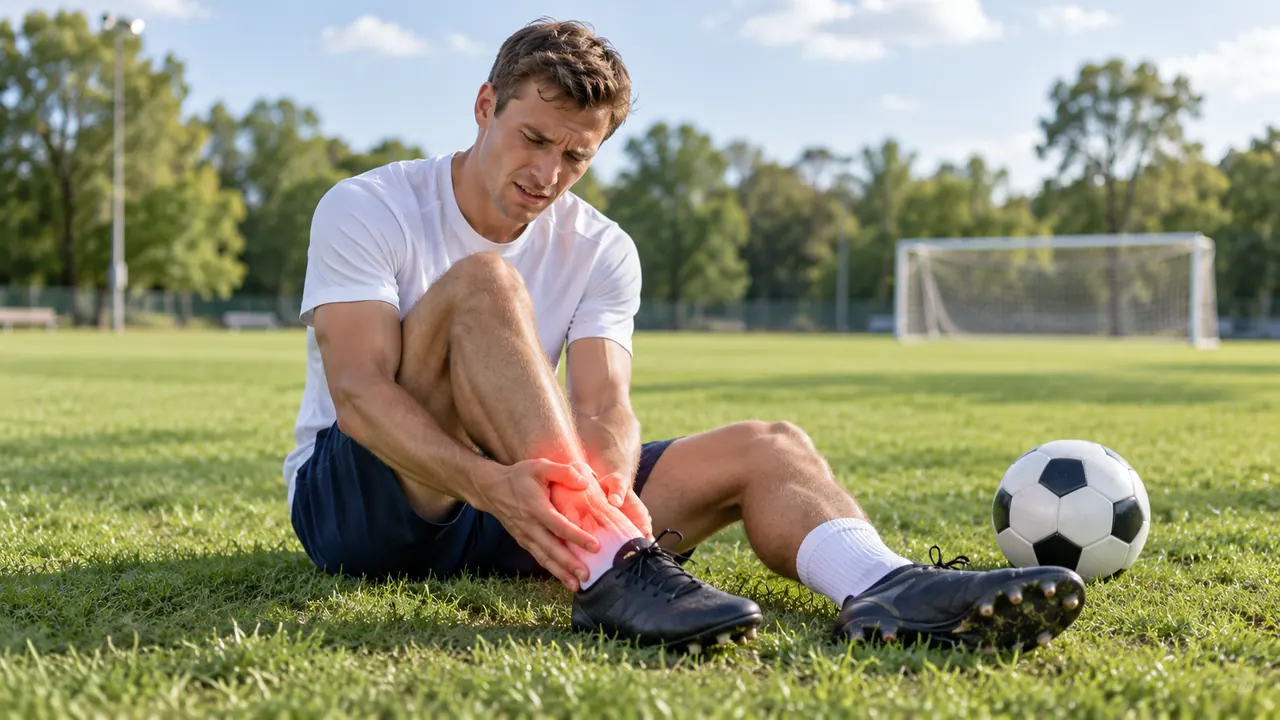 Soccer player sitting on the field holding his injured ankle