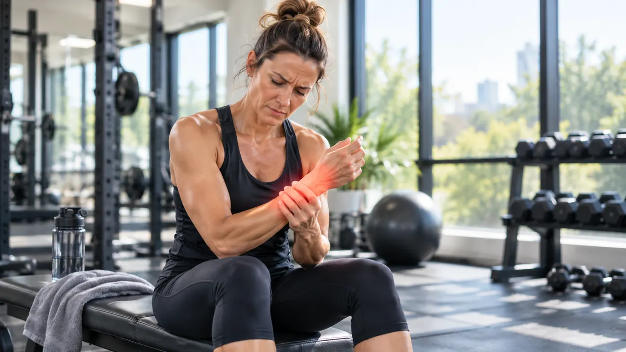 Woman sitting on a gym bench gripping her sore wrist and forearm
