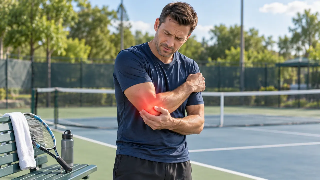 Man on a tennis court holding his sore elbow